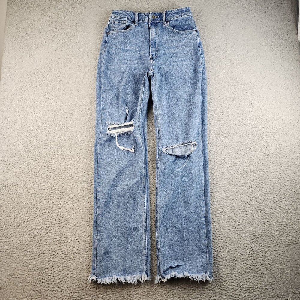 Ribcage Straight Leg Ankle Distressed Blue Denim Jeans Size 9 Cotton Blend 26x30